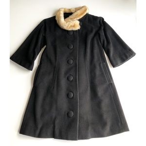 Anthropologie ELEVENSES Black Wool A-Line Coat with Faux Fur Trim Size 0 XXS